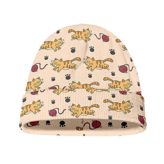 Cat And Yarn Ball Pattern Print Beanie