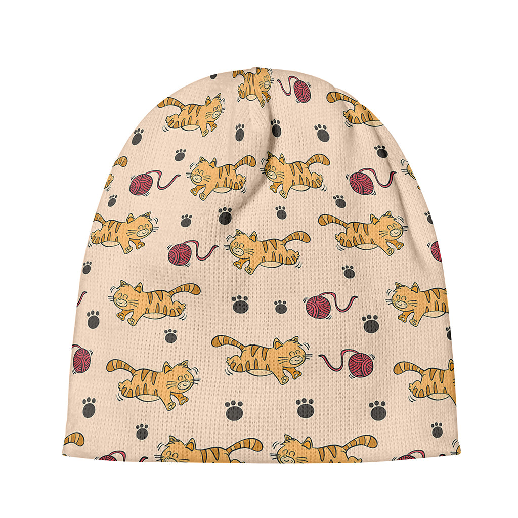 Cat And Yarn Ball Pattern Print Beanie
