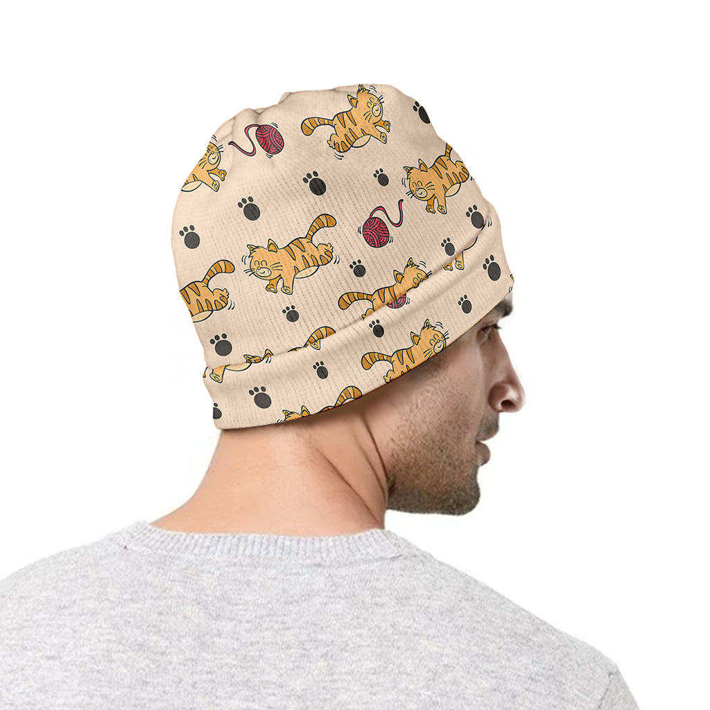 Cat And Yarn Ball Pattern Print Beanie