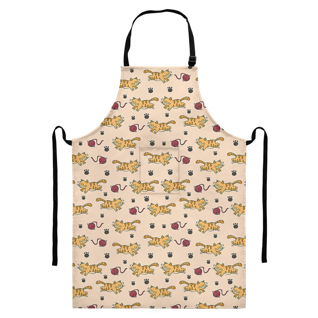 Cat And Yarn Ball Pattern Print Bib Apron With Pocket