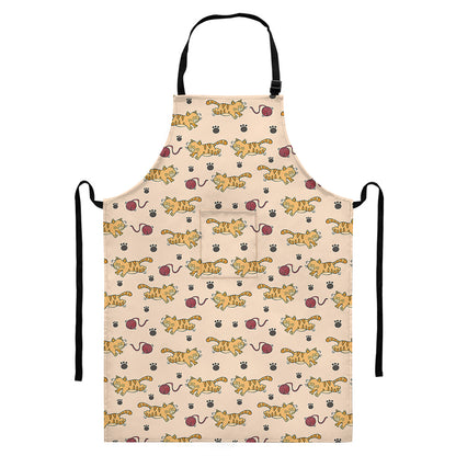 Cat And Yarn Ball Pattern Print Bib Apron With Pocket