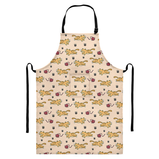 Cat And Yarn Ball Pattern Print Bib Apron With Pocket