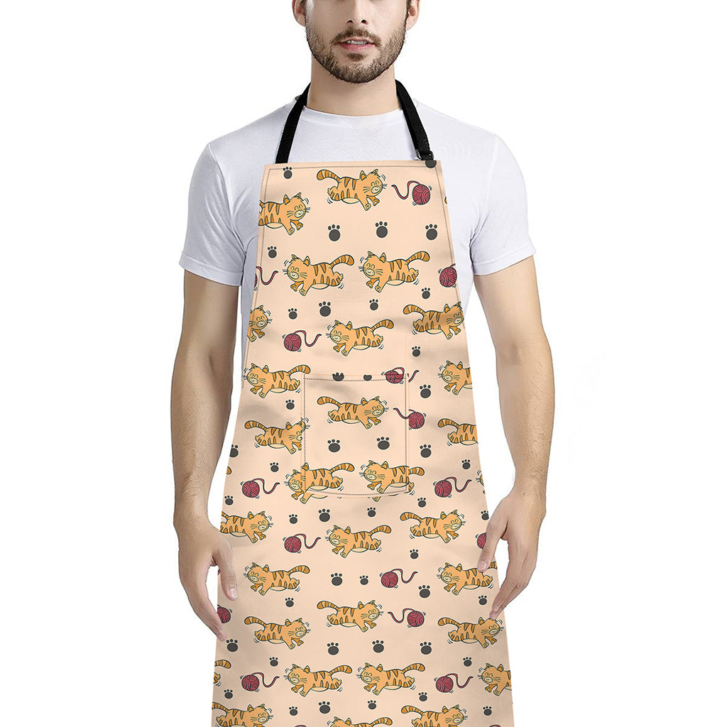 Cat And Yarn Ball Pattern Print Bib Apron With Pocket
