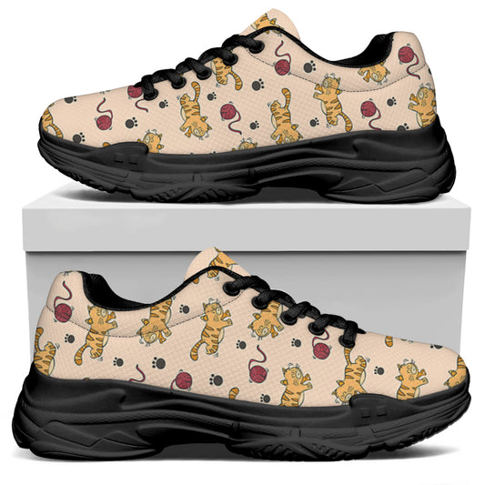 Cat And Yarn Ball Pattern Print Black Chunky Shoes