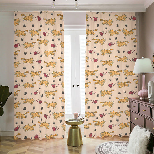 Cat And Yarn Ball Pattern Print Blackout Pencil Pleat Curtains