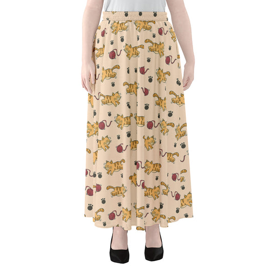 Cat And Yarn Ball Pattern Print Chiffon Maxi Skirt
