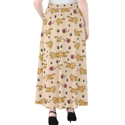 Cat And Yarn Ball Pattern Print Chiffon Maxi Skirt