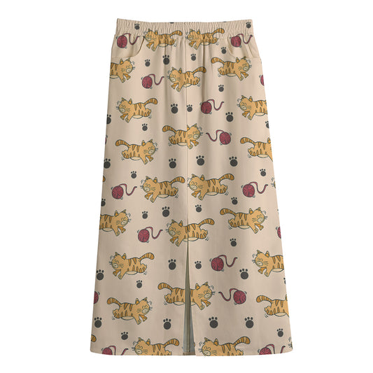 Cat And Yarn Ball Pattern Print Cotton Front Slit Maxi Skirt