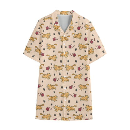 Cat And Yarn Ball Pattern Print Cotton Hawaiian Shirt