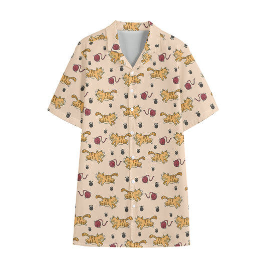 Cat And Yarn Ball Pattern Print Cotton Hawaiian Shirt