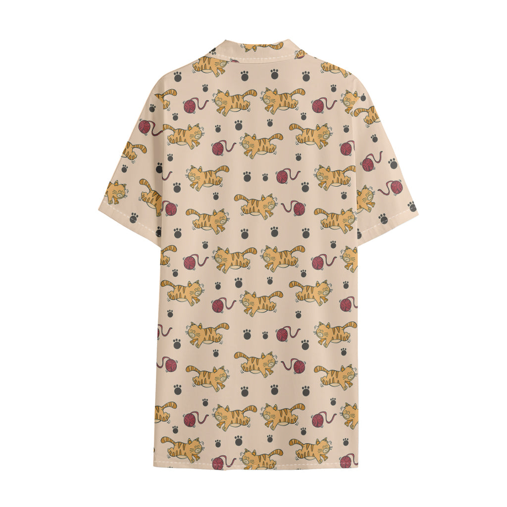 Cat And Yarn Ball Pattern Print Cotton Hawaiian Shirt
