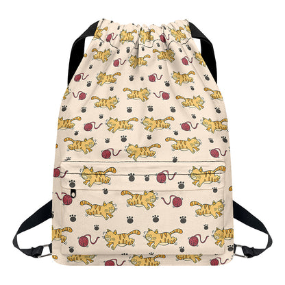Cat And Yarn Ball Pattern Print Drawstring Backpack