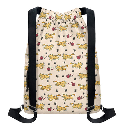 Cat And Yarn Ball Pattern Print Drawstring Backpack
