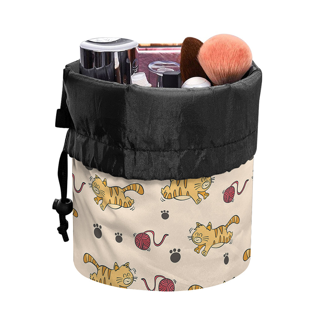 Cat And Yarn Ball Pattern Print Drawstring Makeup Bag