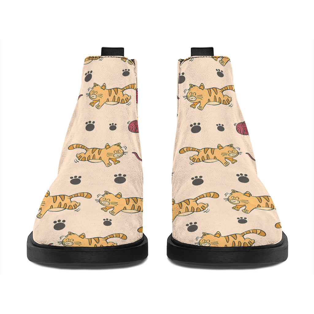 Cat And Yarn Ball Pattern Print Flat Ankle Boots