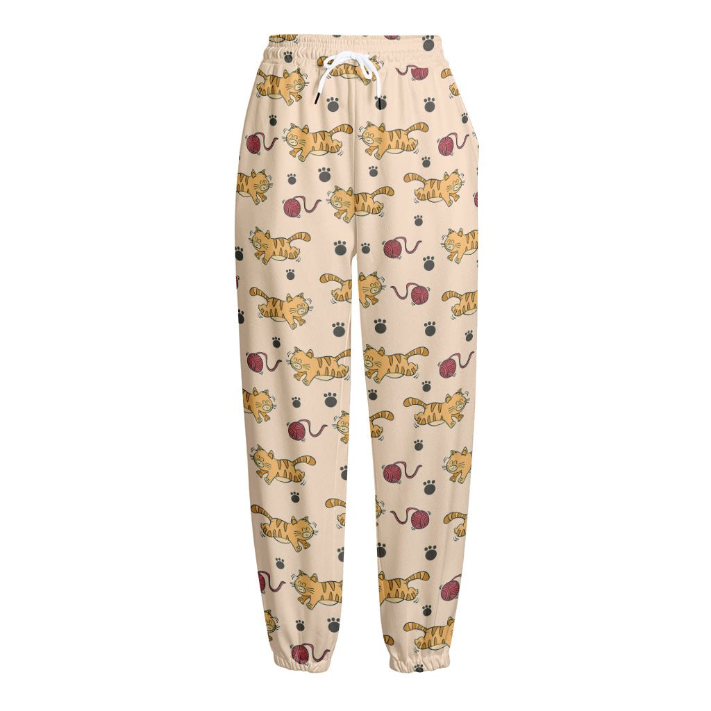 Cat And Yarn Ball Pattern Print Fleece Lined Knit Pants