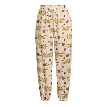 Cat And Yarn Ball Pattern Print Fleece Lined Knit Pants