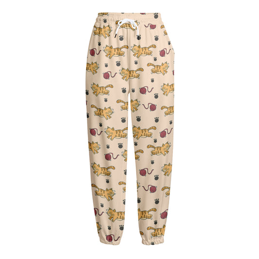 Cat And Yarn Ball Pattern Print Fleece Lined Knit Pants