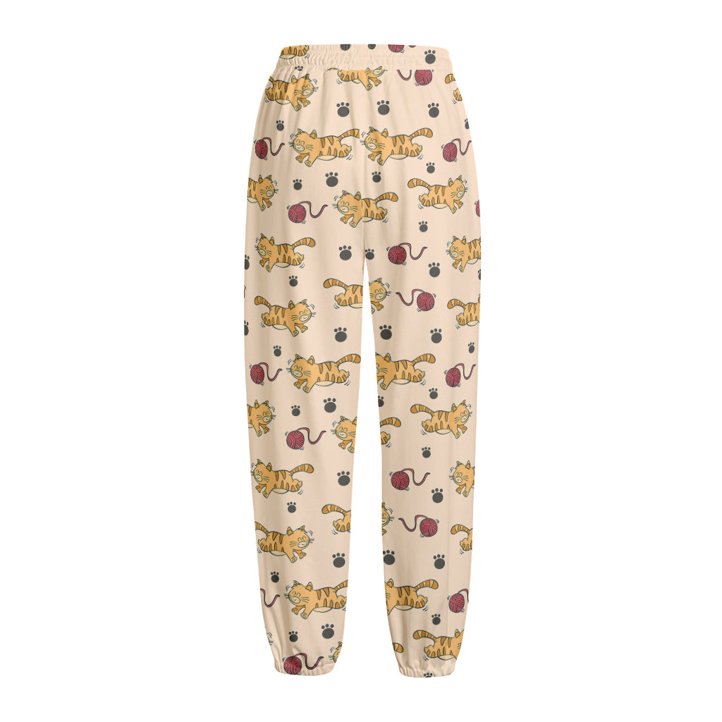 Cat And Yarn Ball Pattern Print Fleece Lined Knit Pants