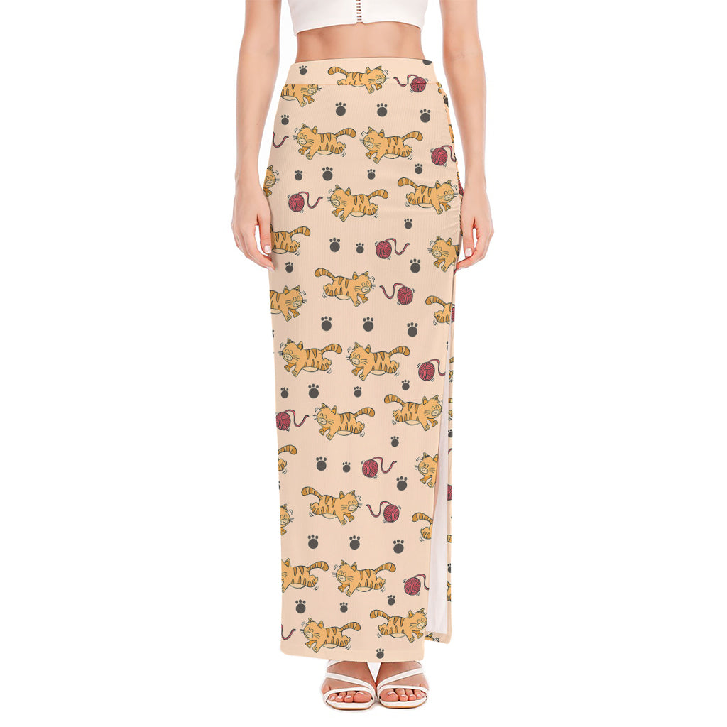Cat And Yarn Ball Pattern Print High Slit Maxi Skirt