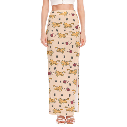 Cat And Yarn Ball Pattern Print High Slit Maxi Skirt