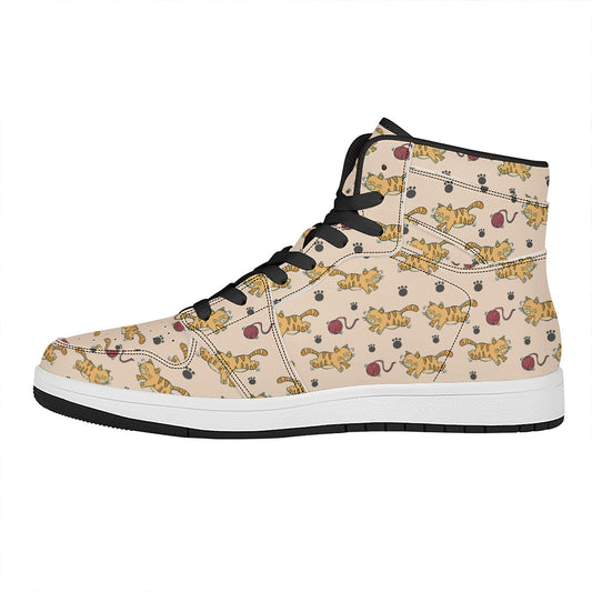 Cat And Yarn Ball Pattern Print High Top Leather Sneakers