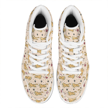 Cat And Yarn Ball Pattern Print High Top Leather Sneakers
