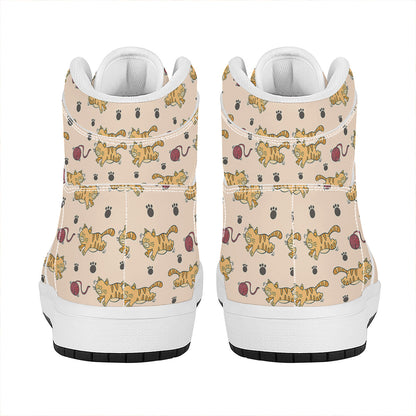 Cat And Yarn Ball Pattern Print High Top Leather Sneakers
