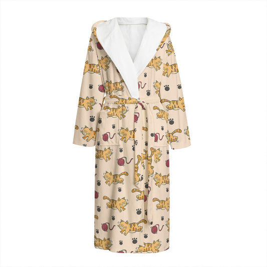 Cat And Yarn Ball Pattern Print Hooded Bathrobe