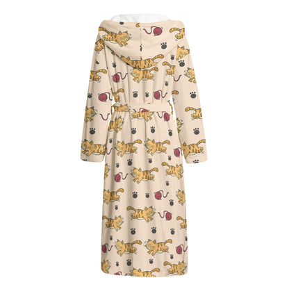 Cat And Yarn Ball Pattern Print Hooded Bathrobe
