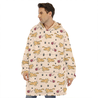 Cat And Yarn Ball Pattern Print Hoodie Blanket