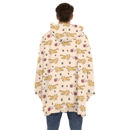 Cat And Yarn Ball Pattern Print Hoodie Blanket