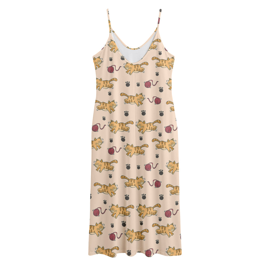 Cat And Yarn Ball Pattern Print Jersey Midi Cami Dress