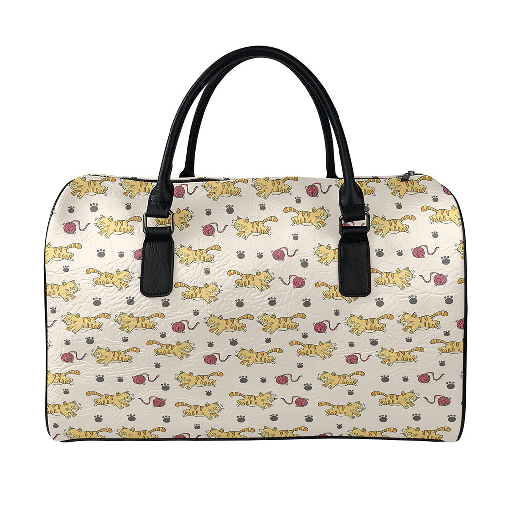 Cat And Yarn Ball Pattern Print Leather Duffle Bag