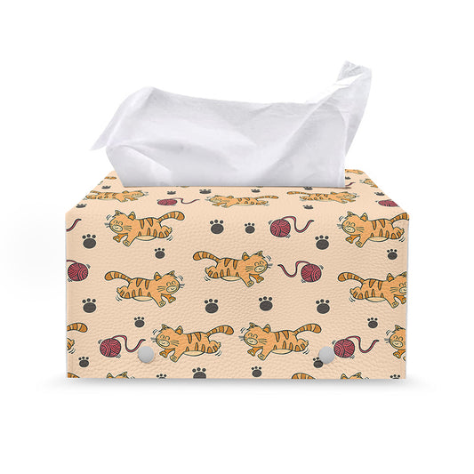 Cat And Yarn Ball Pattern Print Leather Tissue Box Cover