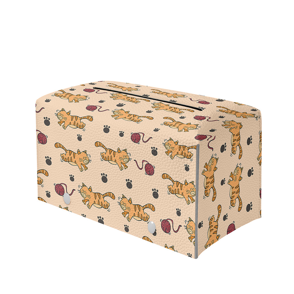 Cat And Yarn Ball Pattern Print Leather Tissue Box Cover