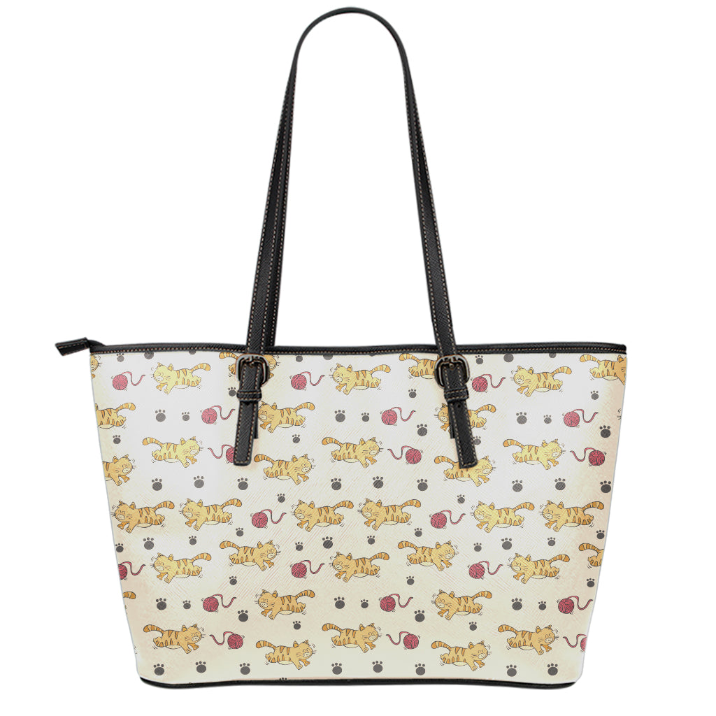 Cat And Yarn Ball Pattern Print Leather Tote Bag
