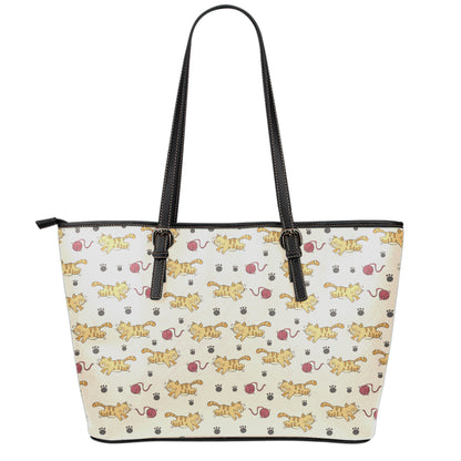 Cat And Yarn Ball Pattern Print Leather Tote Bag