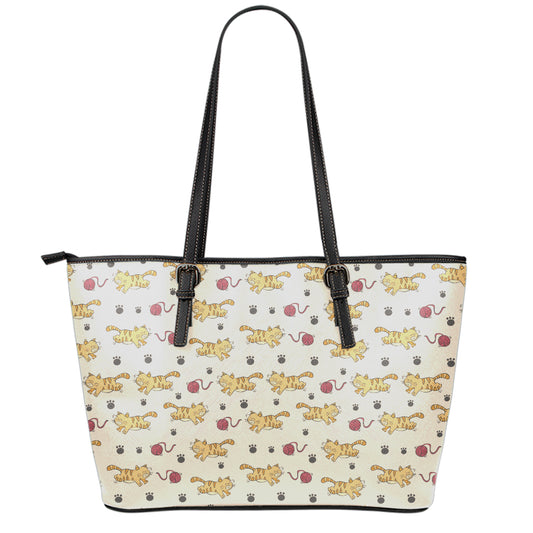 Cat And Yarn Ball Pattern Print Leather Tote Bag