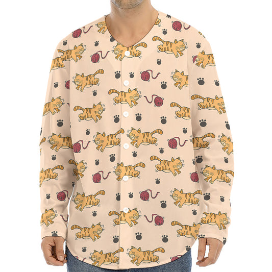 Cat And Yarn Ball Pattern Print Long Sleeve Baseball Jersey