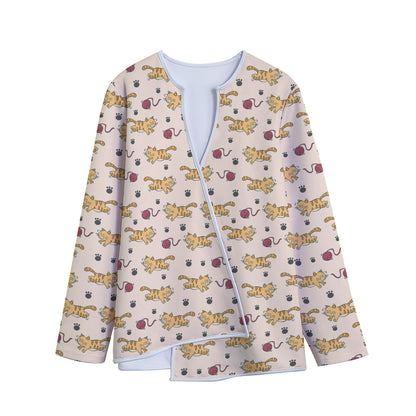 Cat And Yarn Ball Pattern Print Long Sleeve Short Coat