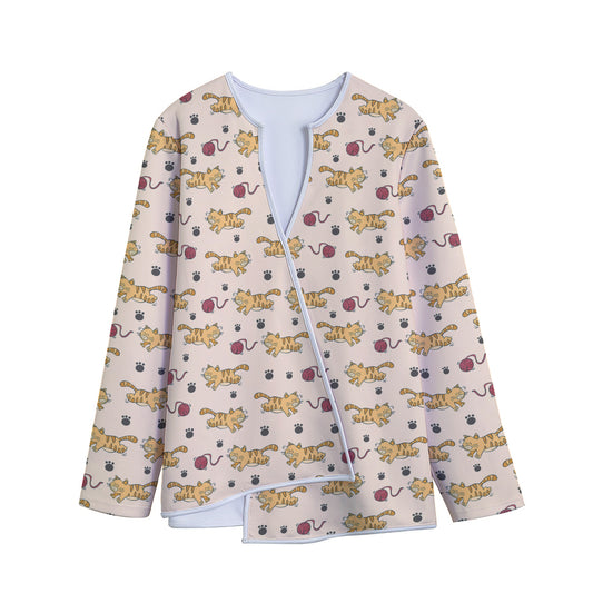 Cat And Yarn Ball Pattern Print Long Sleeve Short Coat