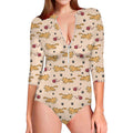 Cat And Yarn Ball Pattern Print Long Sleeve Swimsuit