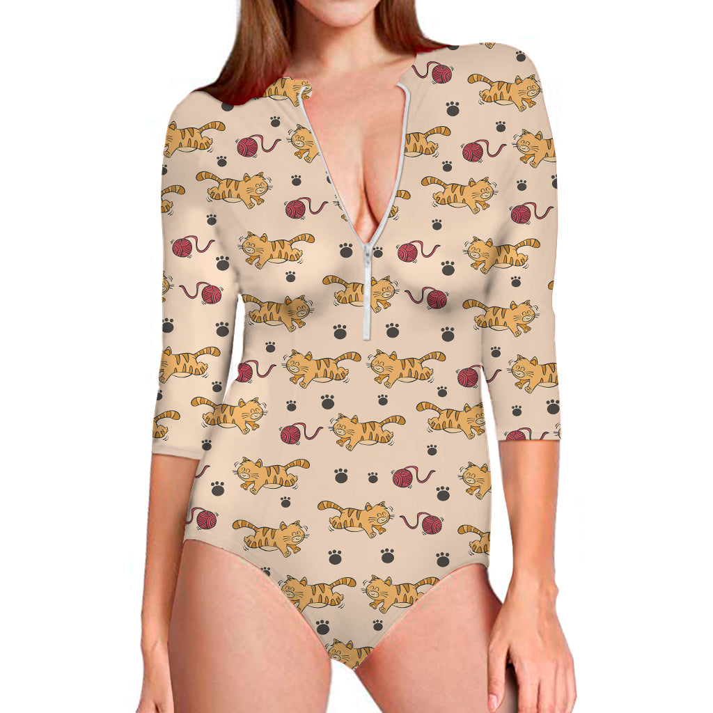 Cat And Yarn Ball Pattern Print Long Sleeve Swimsuit