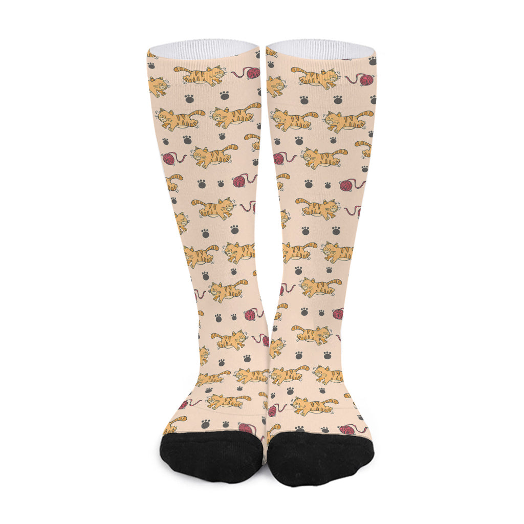 Cat And Yarn Ball Pattern Print Long Socks