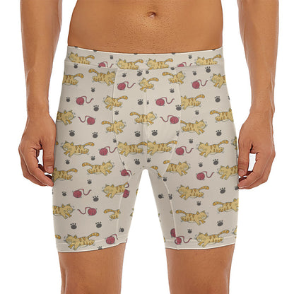 Cat And Yarn Ball Pattern Print Men's Long Boxer Briefs