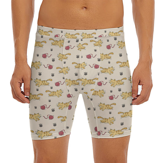 Cat And Yarn Ball Pattern Print Men's Long Boxer Briefs