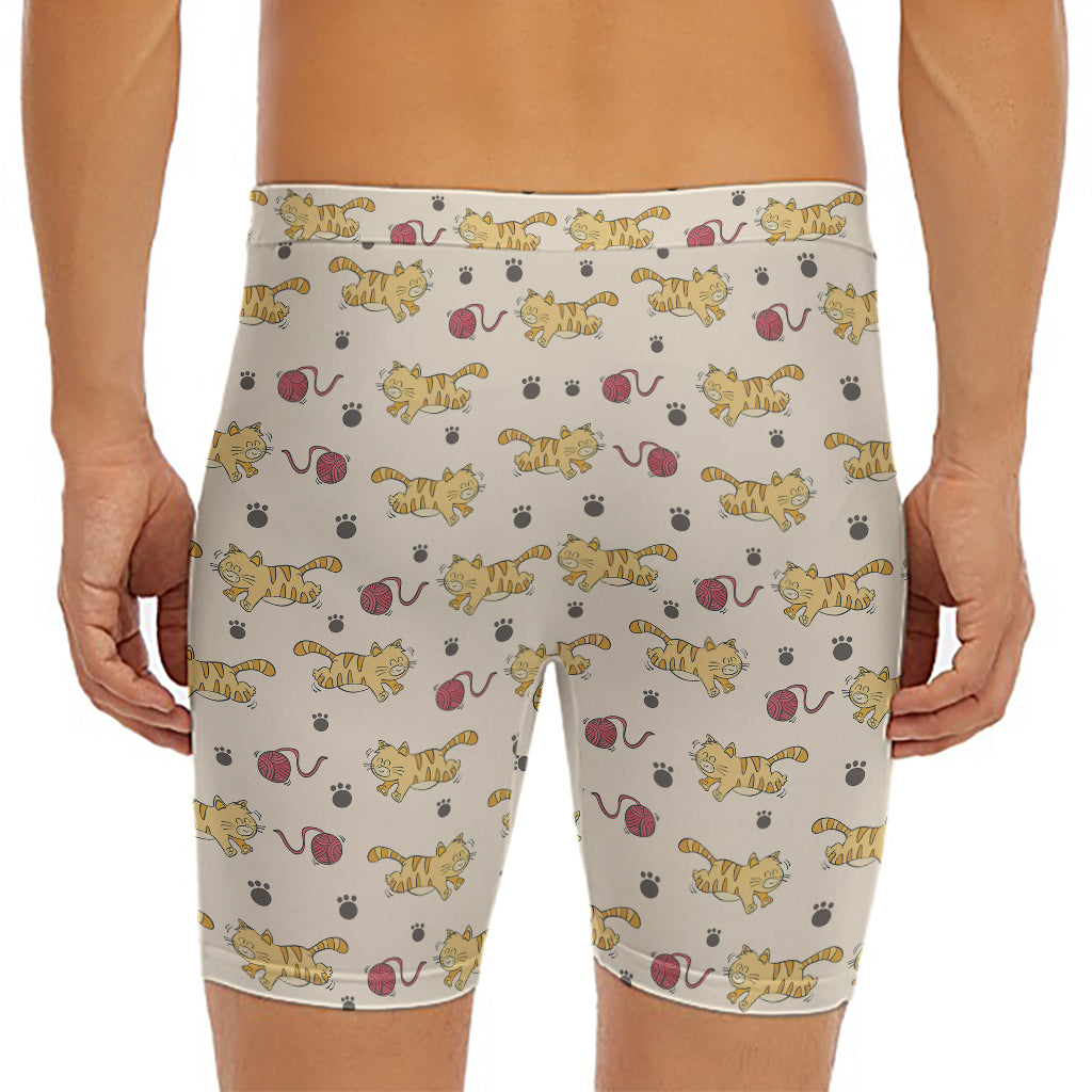Cat And Yarn Ball Pattern Print Men's Long Boxer Briefs