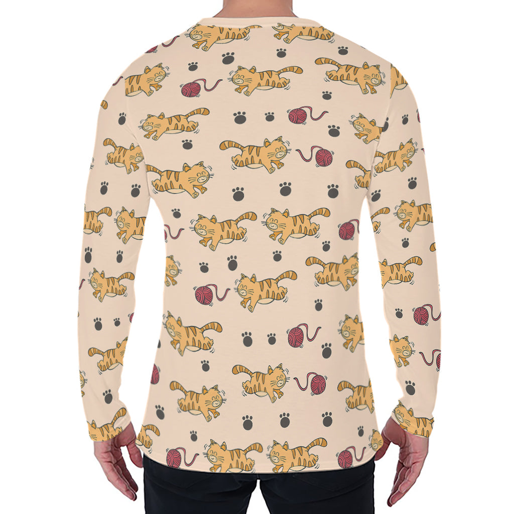 Cat And Yarn Ball Pattern Print Men's Long Sleeve T-Shirt