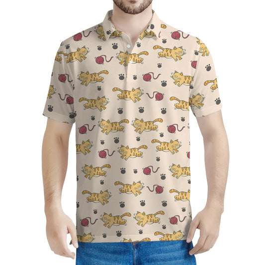 Cat And Yarn Ball Pattern Print Men's Polo Shirt